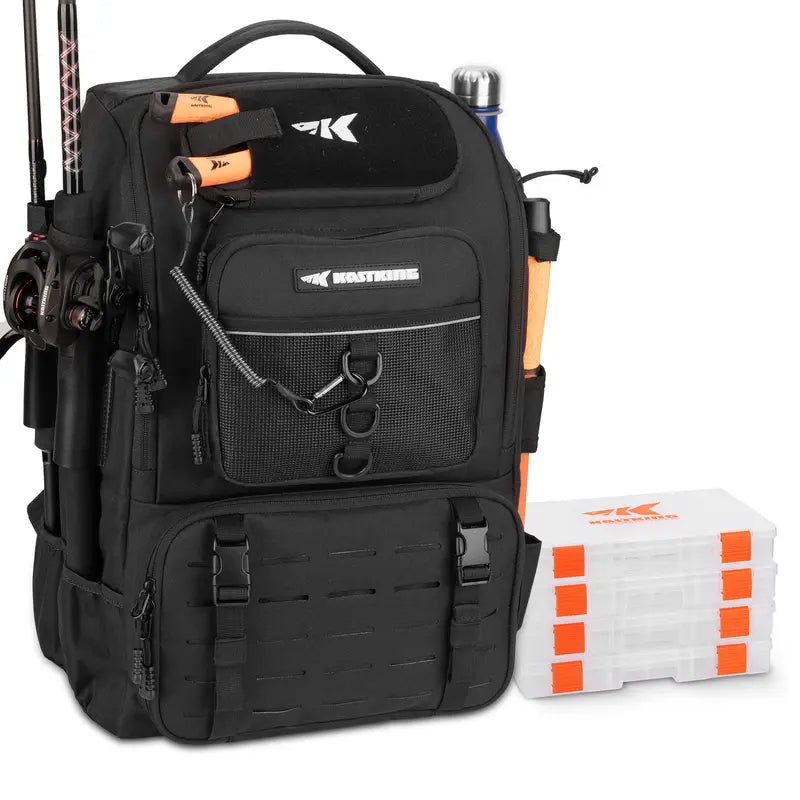40L Fishing Tackle Backpack with 4 Tackle Boxes & Rod Holders