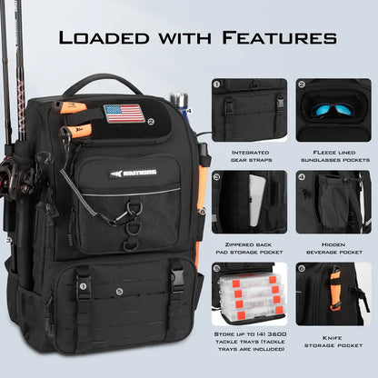 40L Fishing Tackle Backpack with 4 Tackle Boxes & Rod Holders